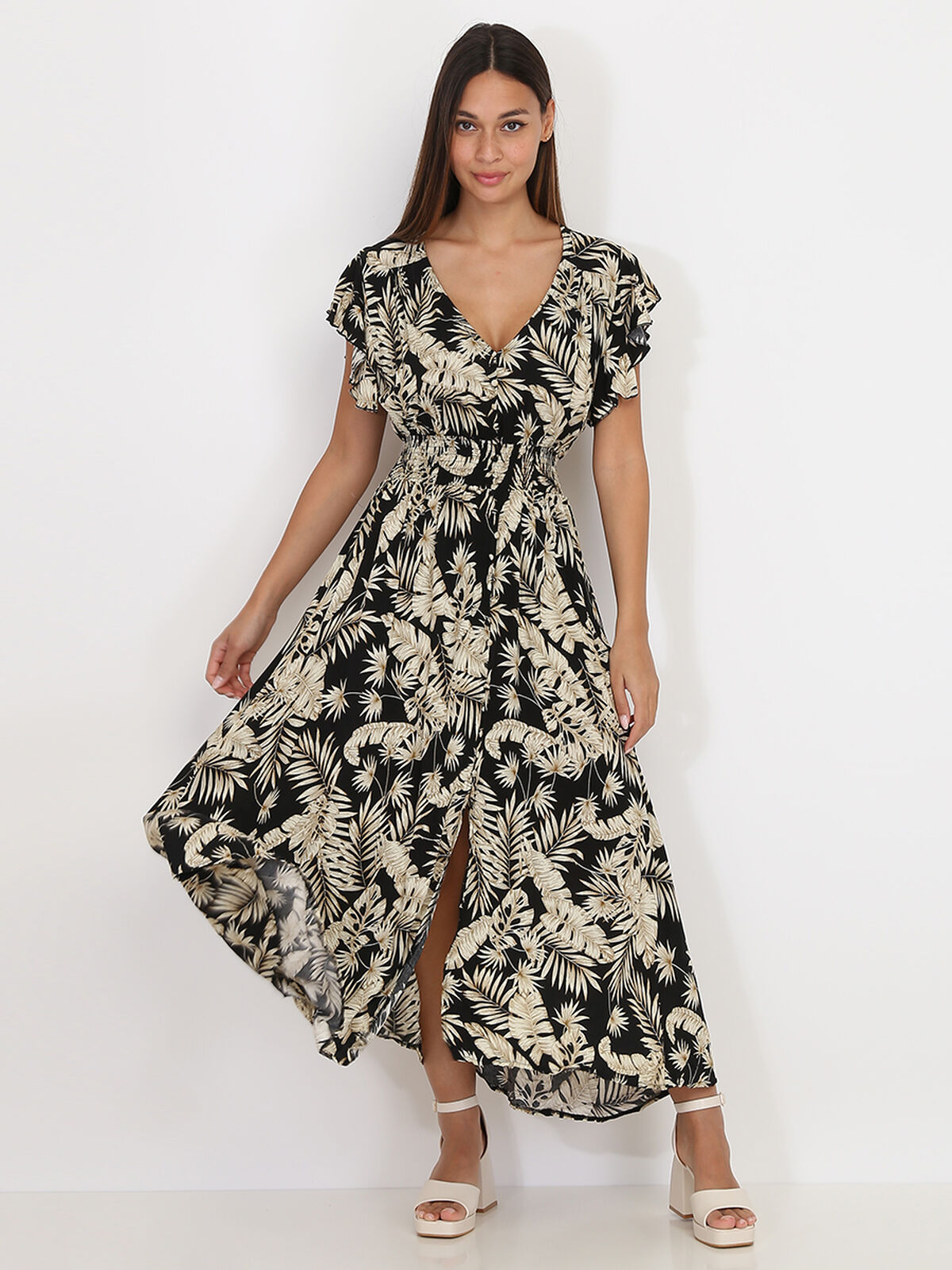 Robe mi-longue à feuilles et fente- Noir