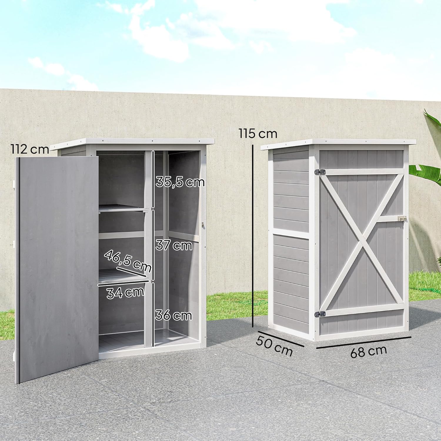 Outsunny Gartenschrank Holz, Geräteschuppen wetterfest 75x56x115cm, Gerätehaus mit Tür, Böden, Geräteschrank, Gartenhaus Werkzeugschrank Gartenschuppen für Garten, Terrasse, Hinterhof, Rasen, Grau