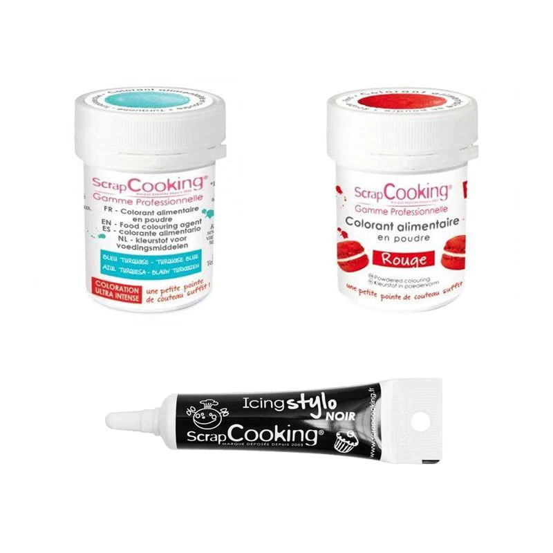 2 colorants alimentaires rouge-turquoise + Stylo glaçage noir Scrapcoo