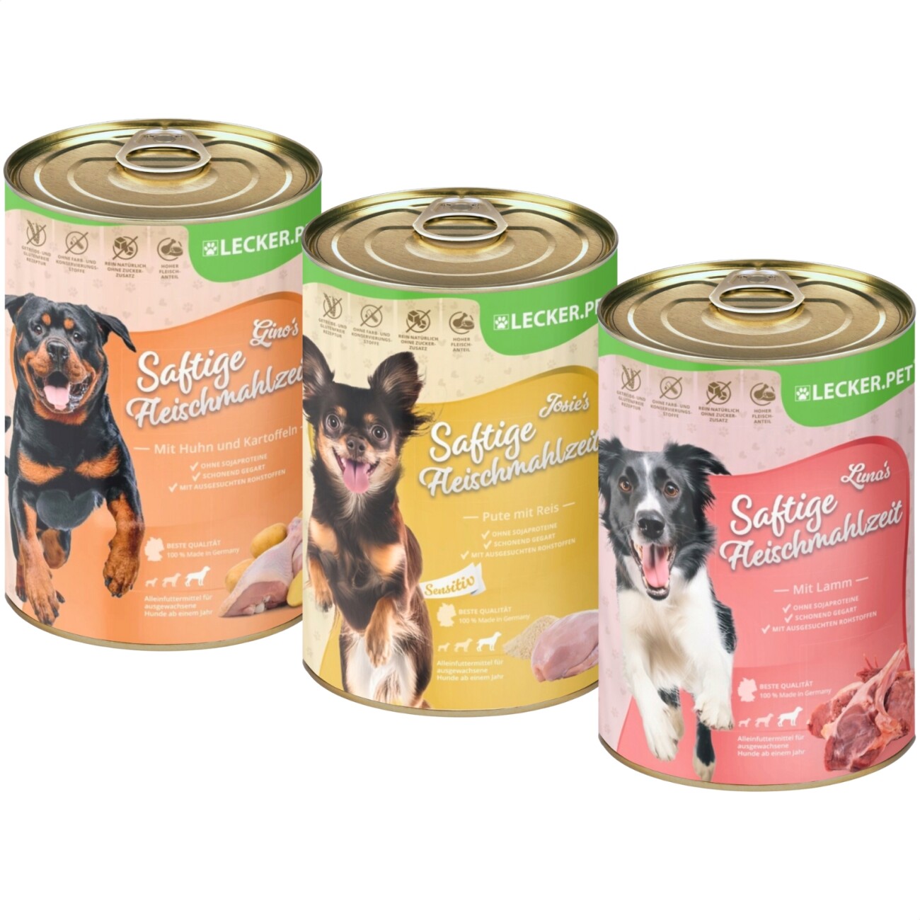 Lyra Pet Lecker.Pet Gino's, Josie's & Luna's Saftige Fleischmahlzeit Hunde Nassfutter Mix Vollnahrung