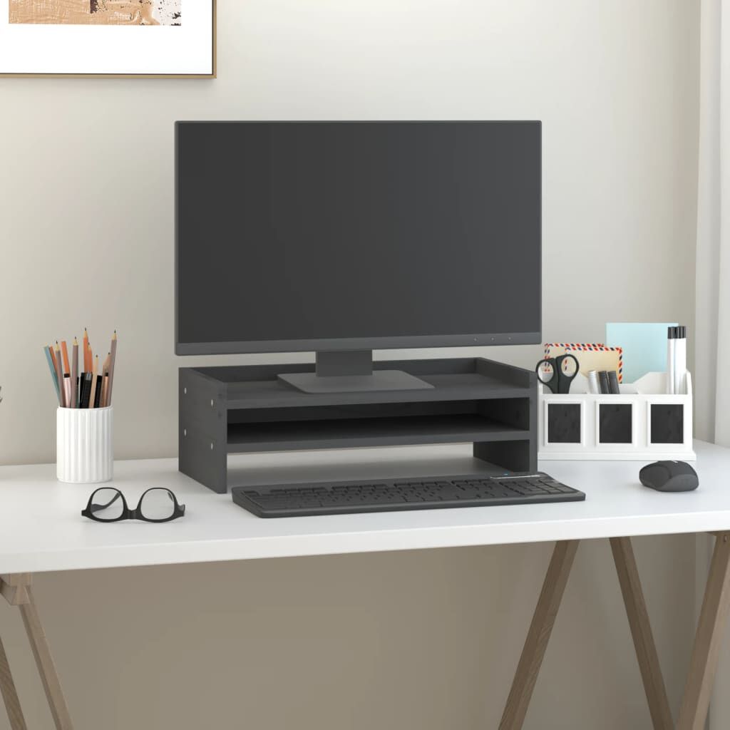 vidaXL Monitorstandaard 50x24x16 cm massief grenenhout grijs