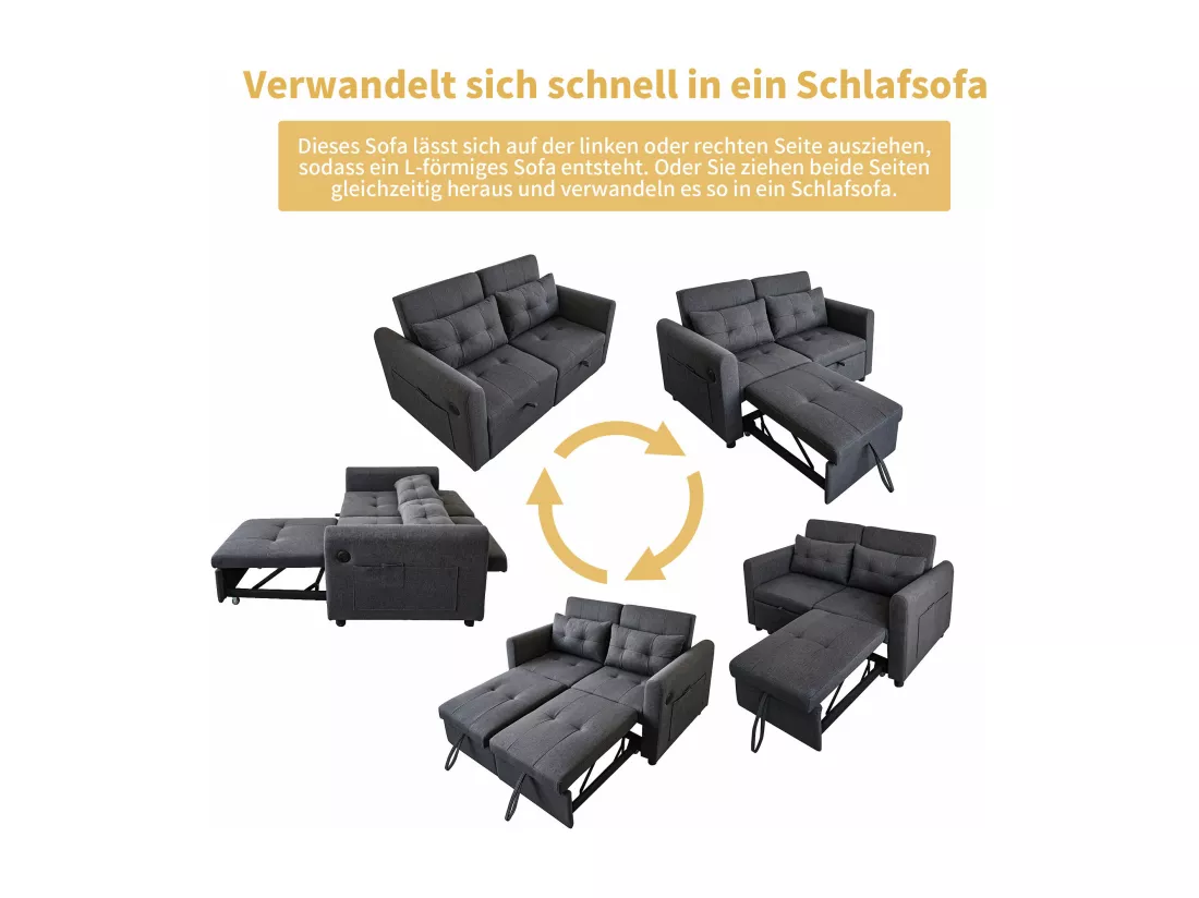 Canapé convertible 2 places en tissu lin avec dossier réglable et prise USB, canapé-lit - 142 x 85 x 83 cm - Fonction sommeil - Gris