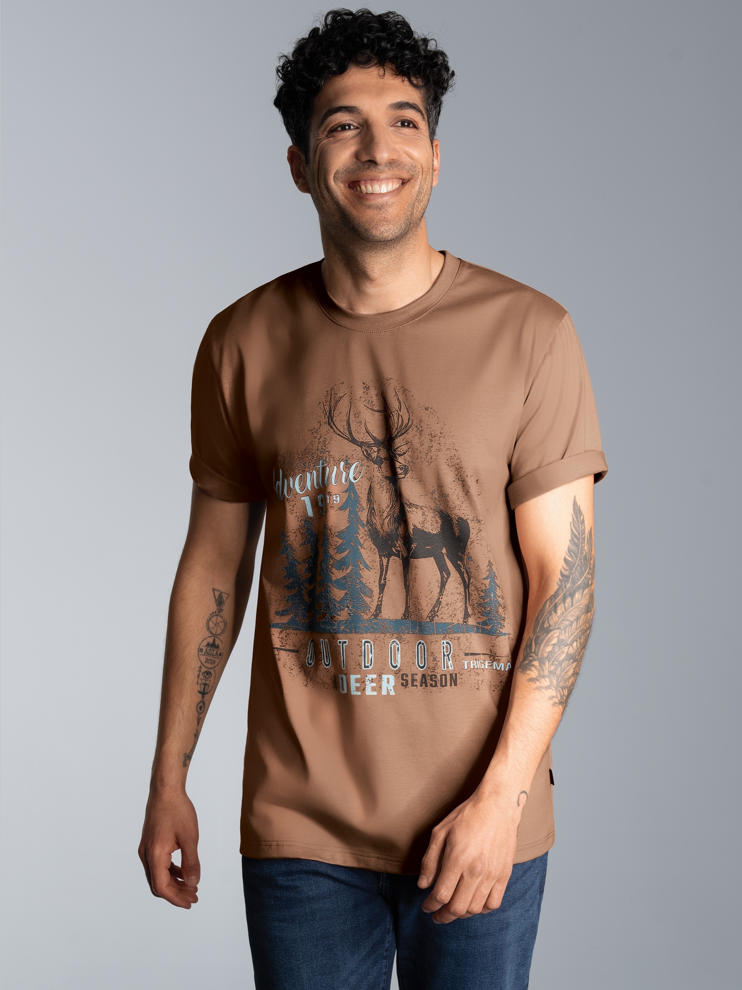 T-Shirt mit großem Hirsch-Printmotiv Haselnuss