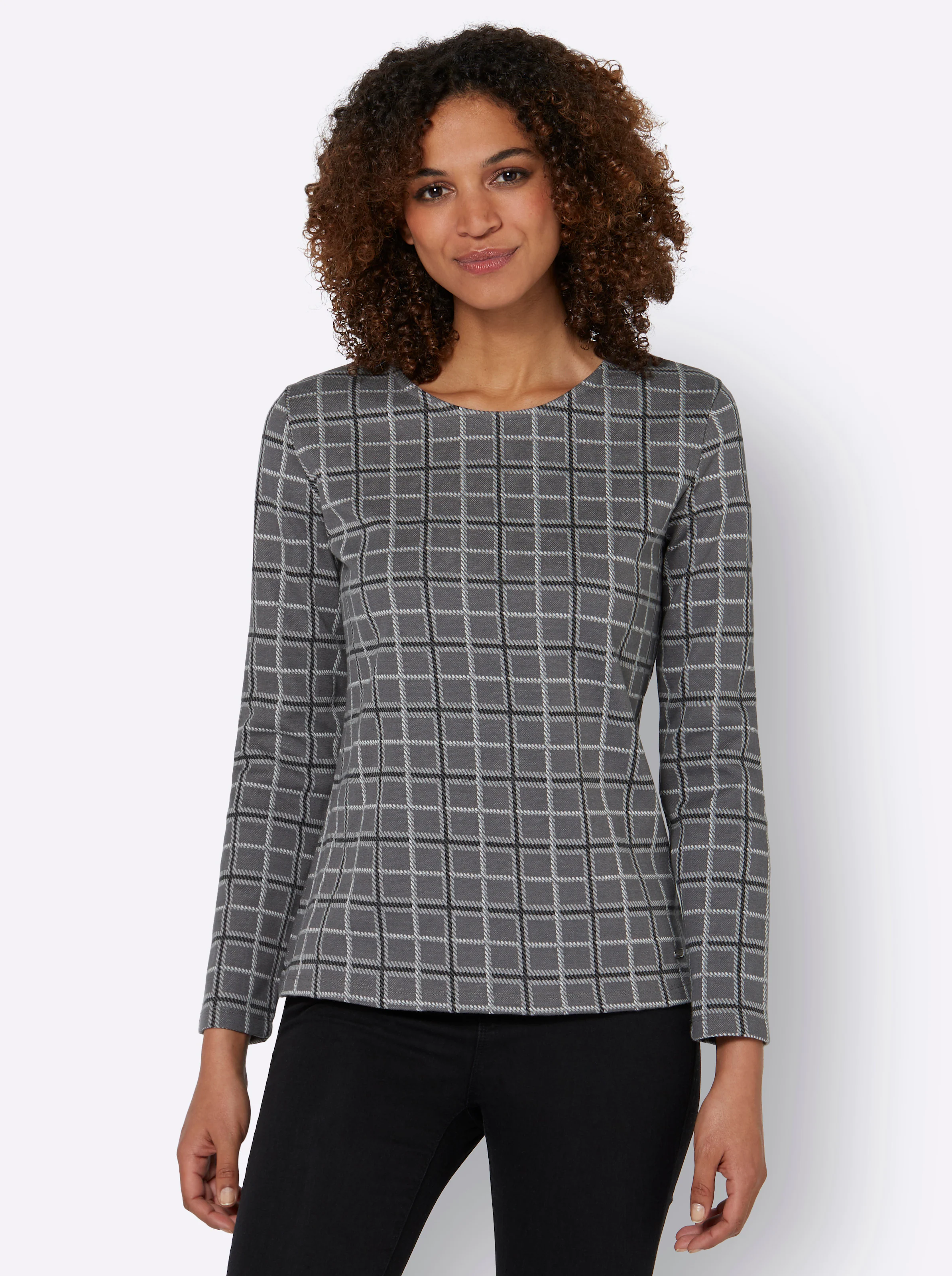 Langarmshirt in steingrau-kariert