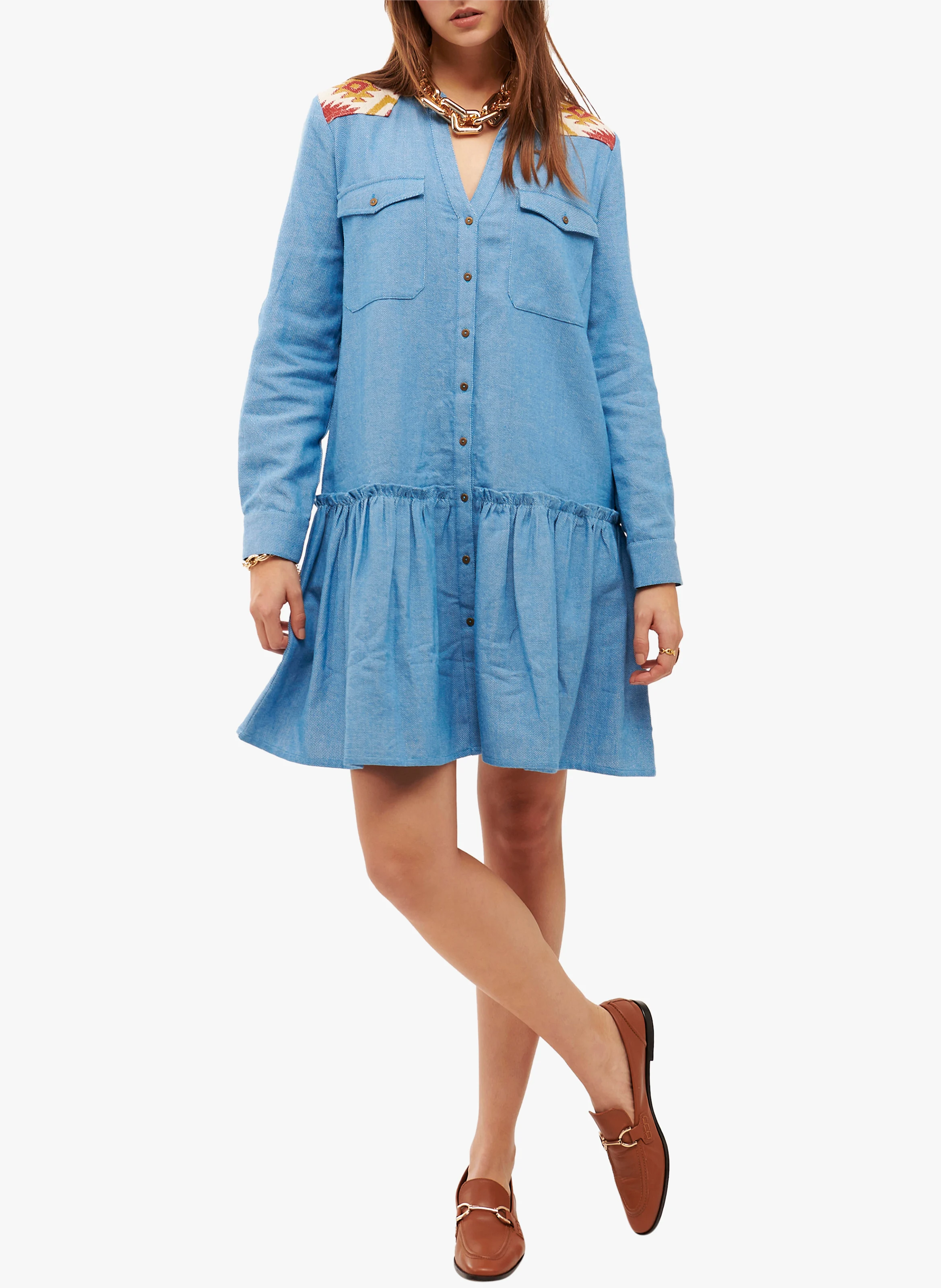 VOLVER - Robe courte col tunisien en coton| Bleu