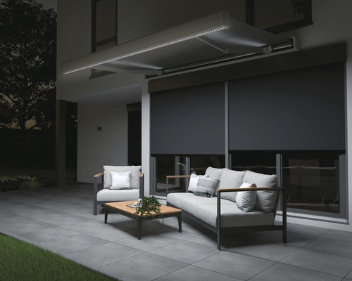 Levante cassettescherm 2,5x1,5, stof effen grijs, frame RAL 9006 wit aluminium, inclusief motor, afstandsbediening en indirecte dimbare LED-verlichting