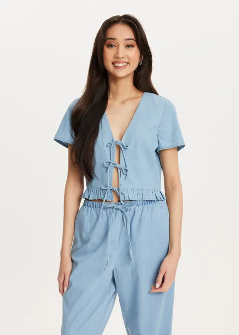 Korte mouwen blouse met strik details blauw (BLW.USM)