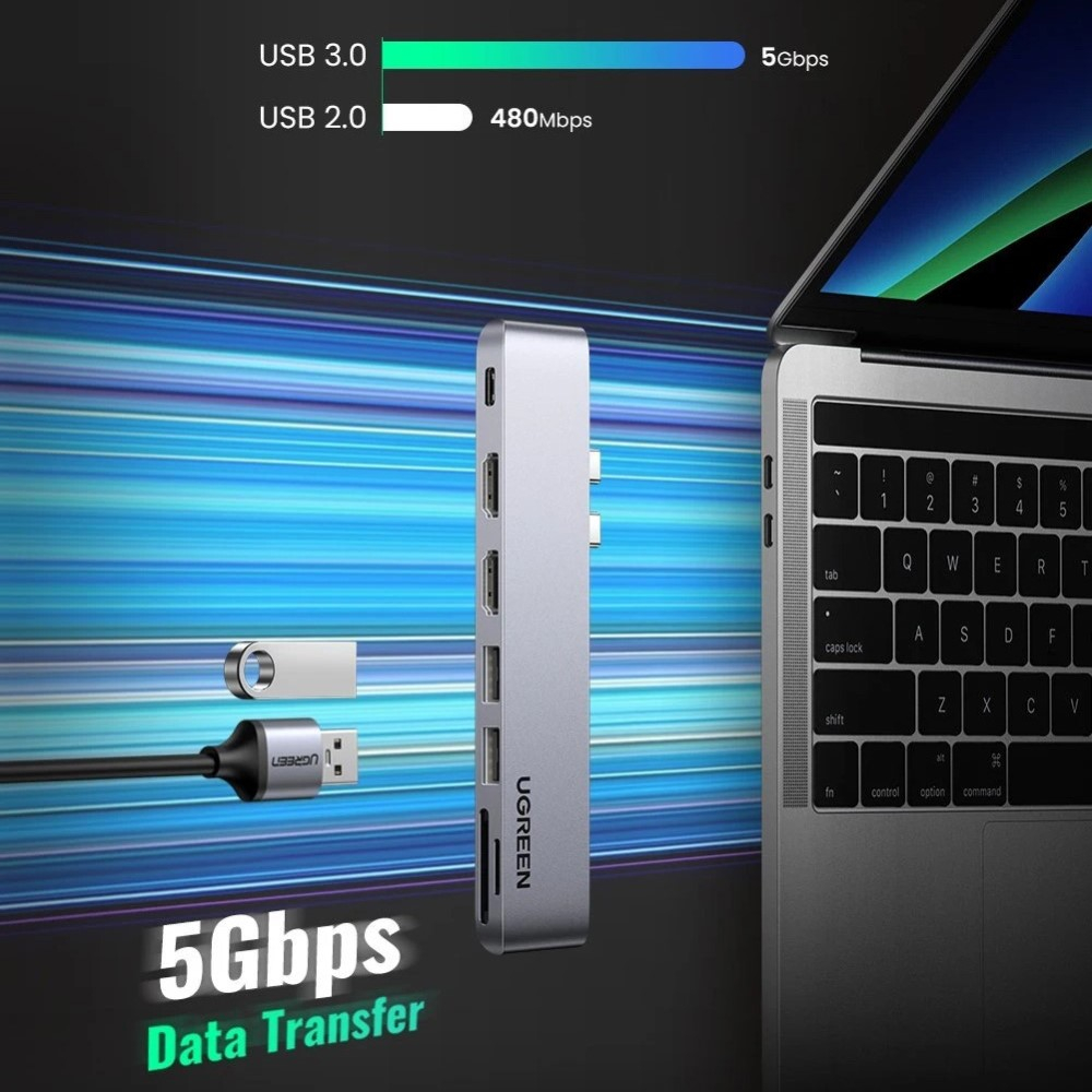 Dual USB C Multiport Adapter HUB mit 1x USB C (PD/100W) / 2x USB 3.0 / SD & Micro SD / 2x HDMI 4k@60Hz - Silber