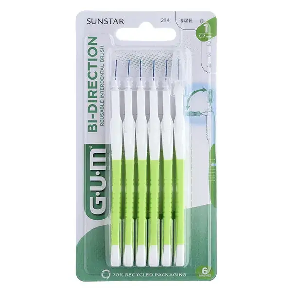 Escova interdental bidirecional para gengiva, 0,7 mm, verde, 6 unidades.