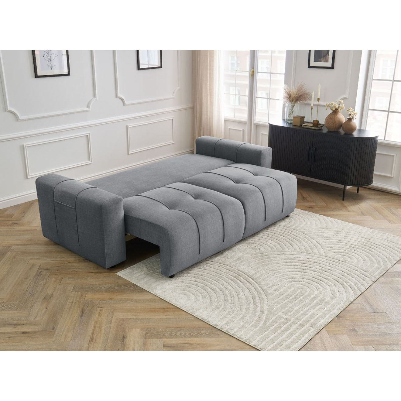 Bobochic Canapé droit convertible en Velours 3 places Arsène avec coffre gris foncé - 248x105x90 cm