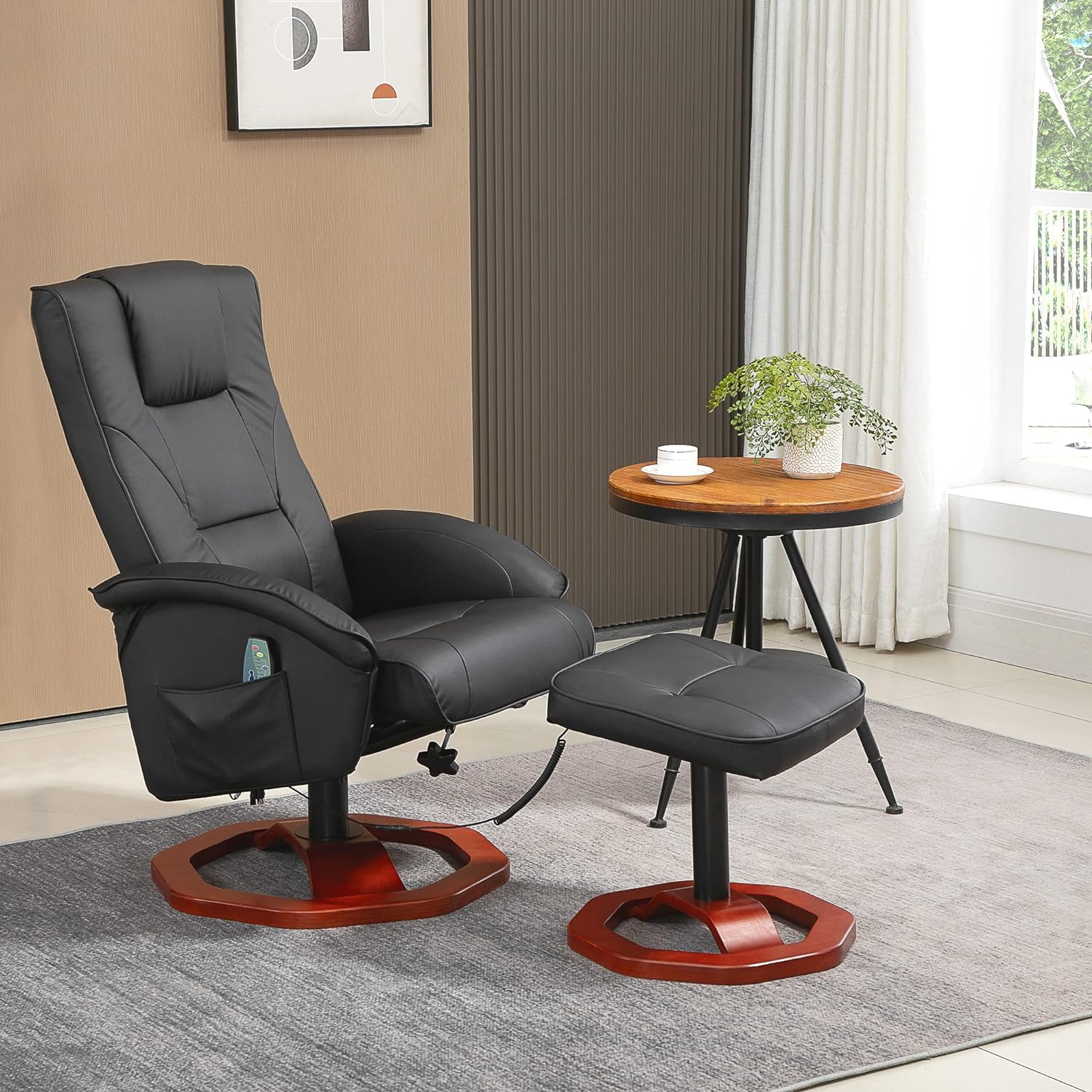 HOMCOM Sill&oacute;n de masaje con reposapi&eacute;s, funci&oacute;n de descanso, funci&oacute;n de descanso, sill&oacute;n reclinable con funci&oacute;n de masaje, giratorio 360&deg;, piel sint&eacute;tica, acero negro+marr&oacute;n, 73 x 83 x 106 c