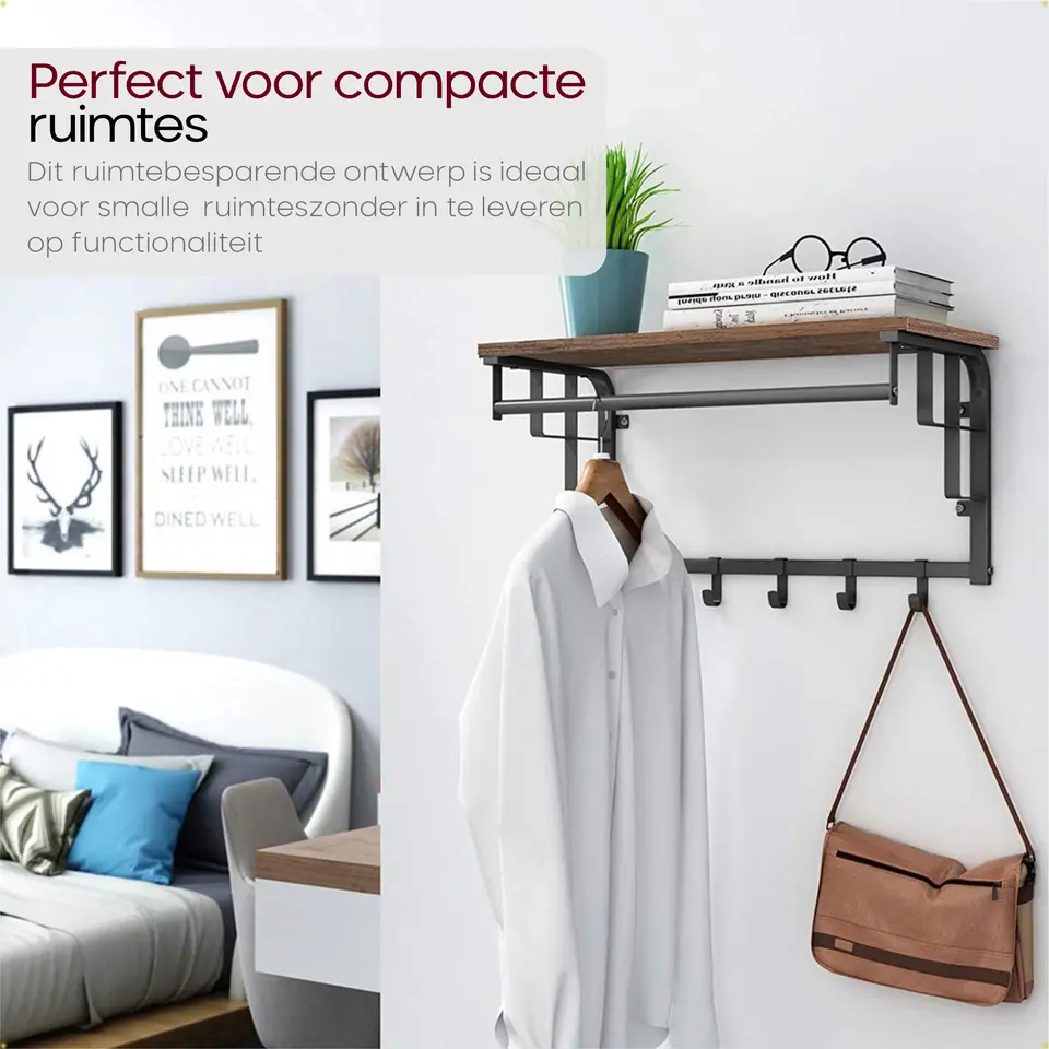 O'DADDY Wandkapstok met 5 Haken - 66x30x27 cm - Hangend - Bruin