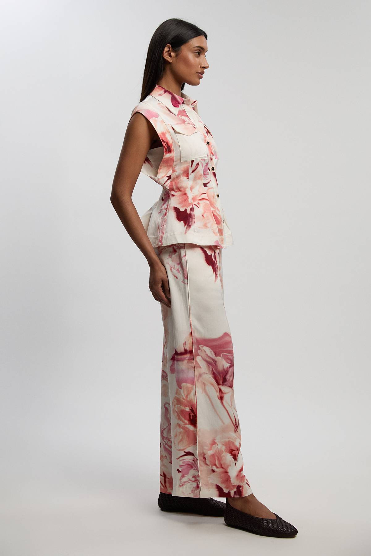 KarenMillen Pantalon Droit Tissé Floral En Lin Viscose Premium