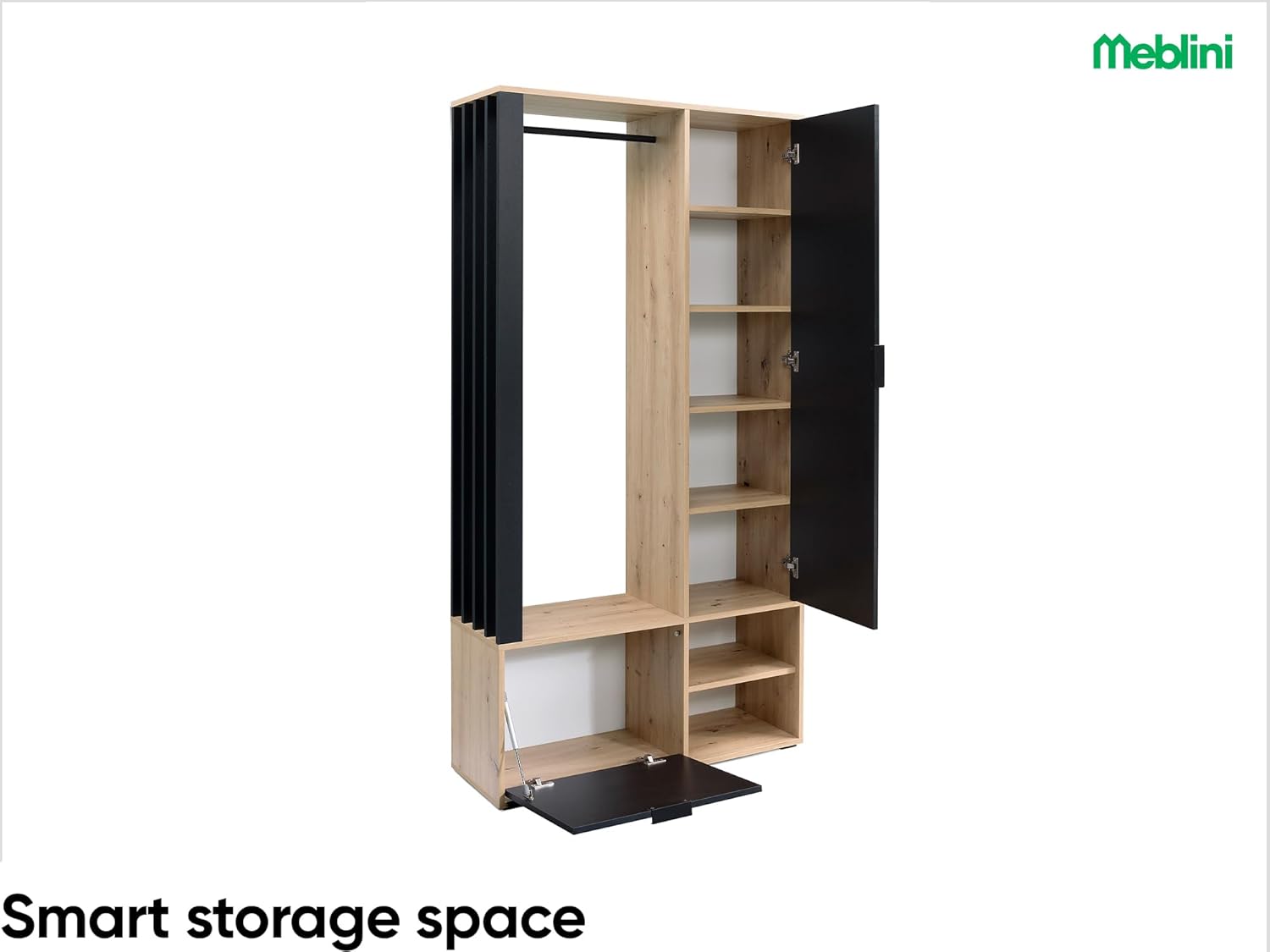 MEBLINI Garderobenschrank Flur mit Spiegel - Garderobe Schrank - Flurgarderobe schmal - Garderobe Flur Möbel Set - Flurschrank hoch - Milano - 100x33x190cm R/L - Artisan Eiche mit Sitzbank