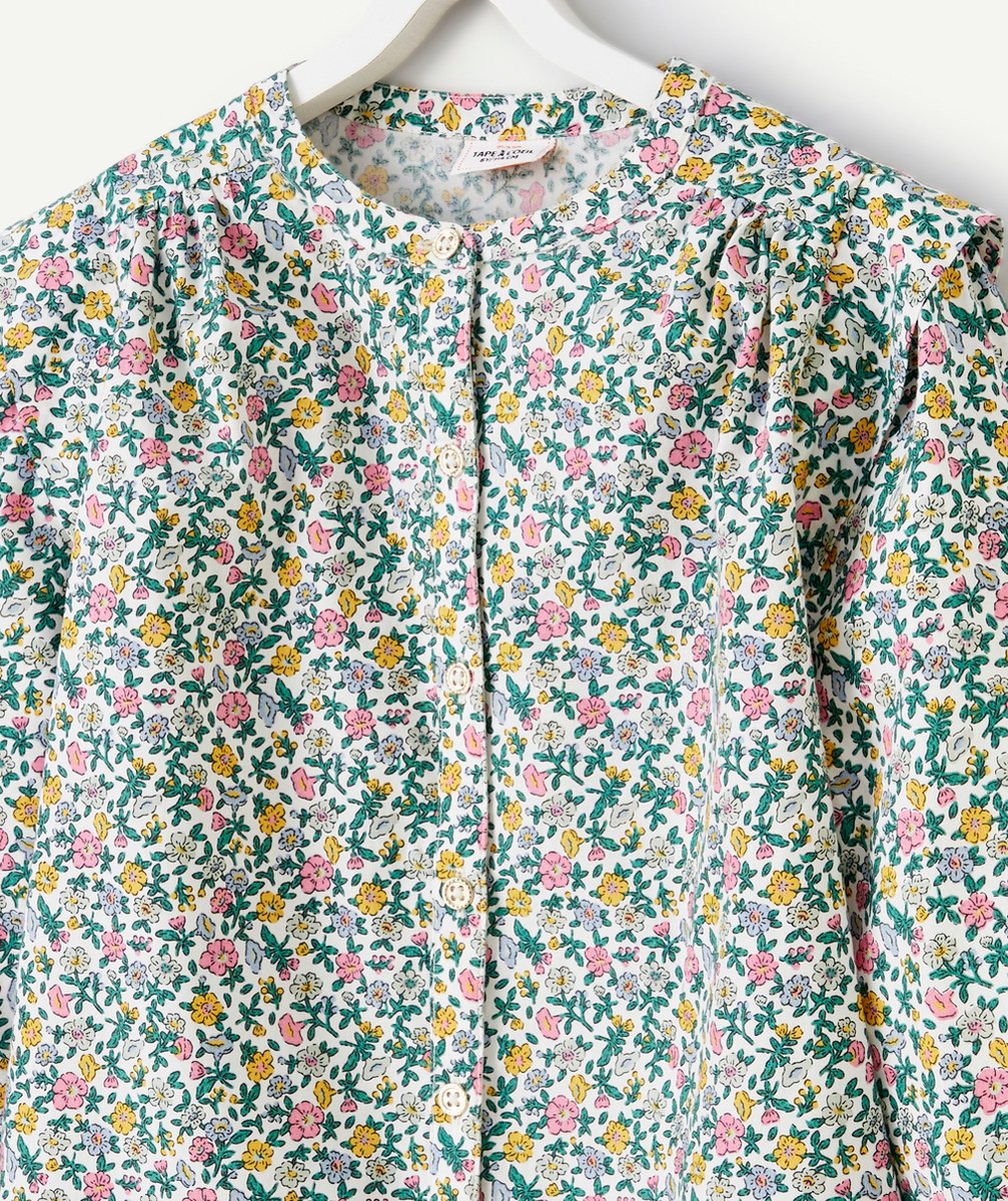 BLOUSE FILLE EN COTON IMPRIMÉ FLEURI VERT ET ROSE