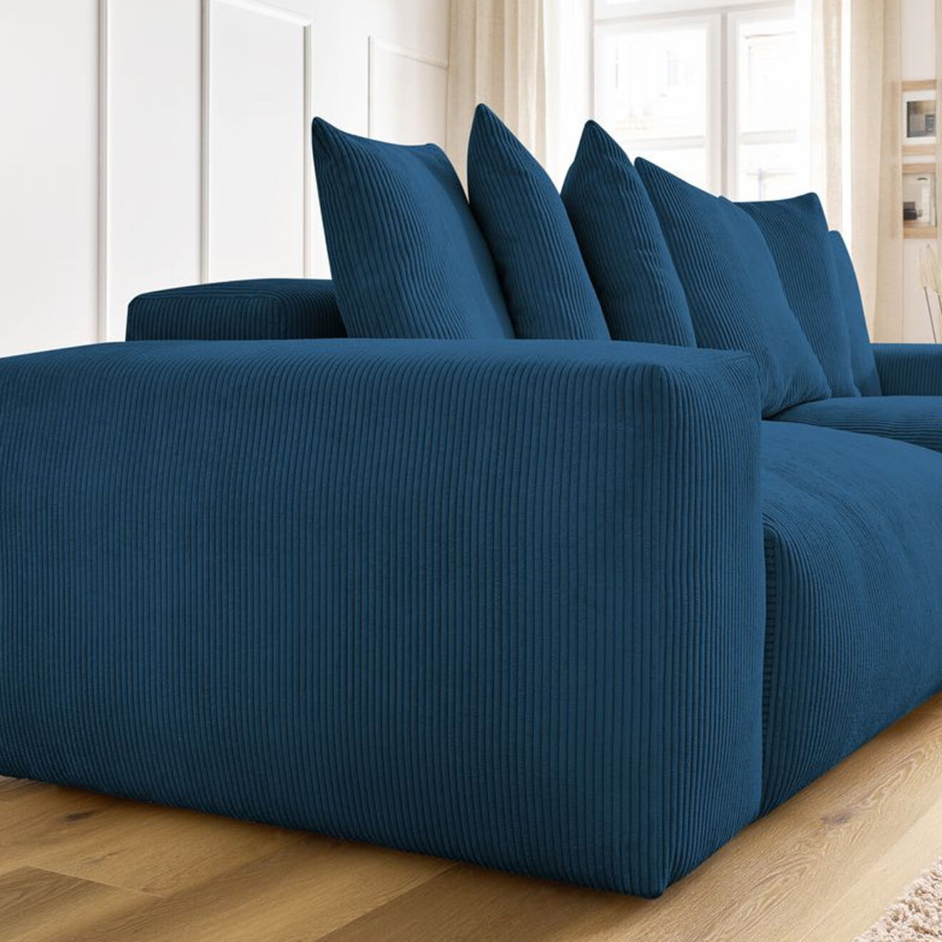 Bobochic Canapé d'angle réversible ultra moelleux voltaire velours côtelé bleu foncé - 310x174x75 cm