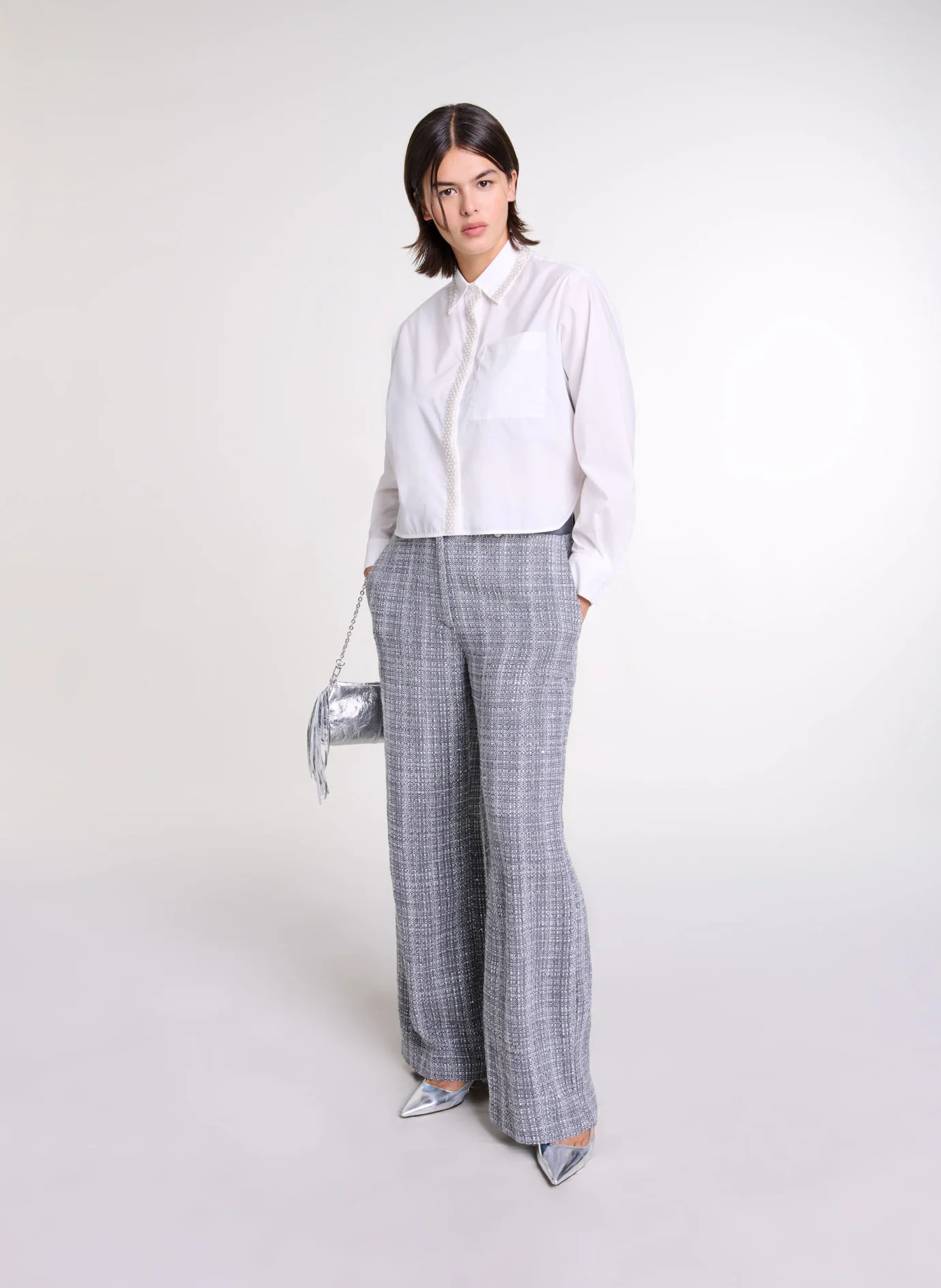 Pantalon large taille haute en tweed | Gris