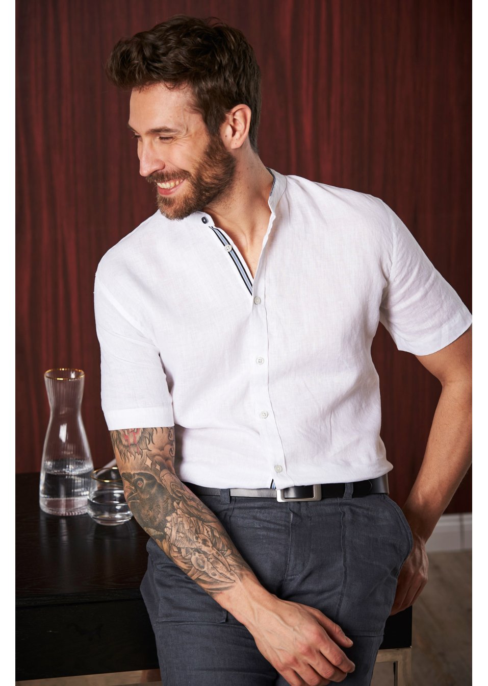 Chemise manches courtes avec lin à col montant