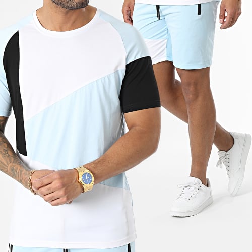 Ensemble Tee Shirt Et Short Jogging E386 Blanc Bleu Clair Noir
