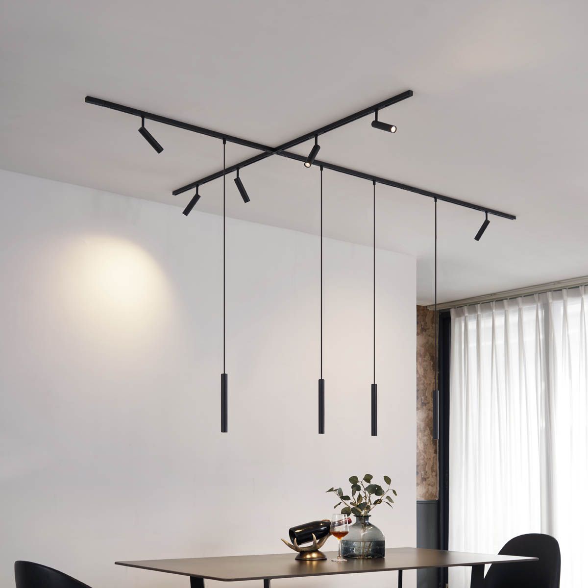 Modern railsysteem met 6 spots en 4 hanglampen zwart 1-fase - Slimline Uzzy Keno