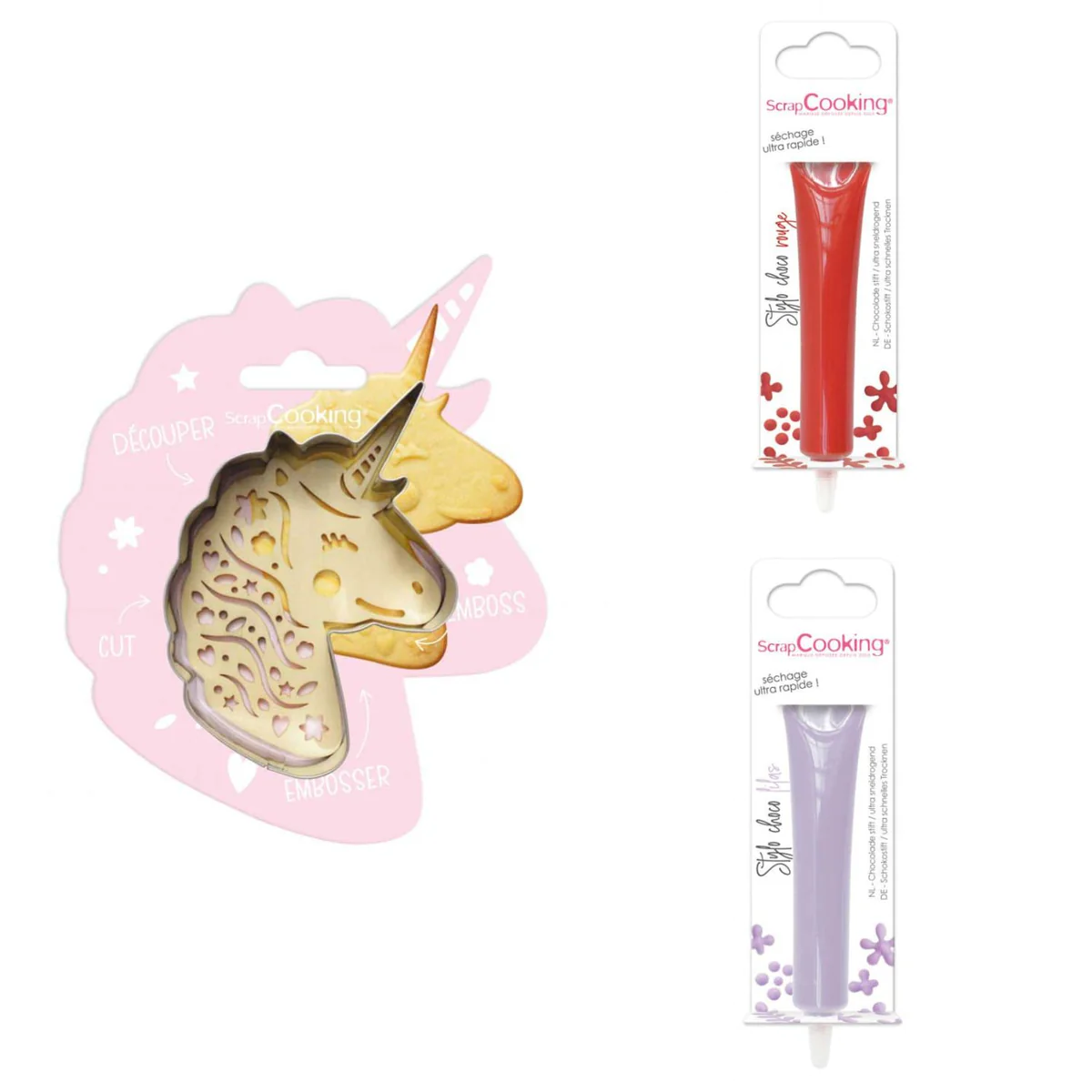 Kit pour biscuit en relief Licorne + 2 Stylos au chocolat rouge et lil