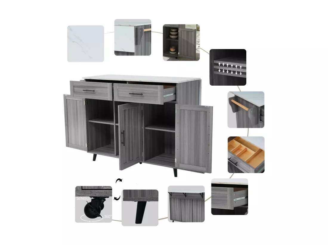 Ilot central de cuisine avec 2 tiroirs - Plateau extensible - pieds en roulettes ou en bois massif - Gris