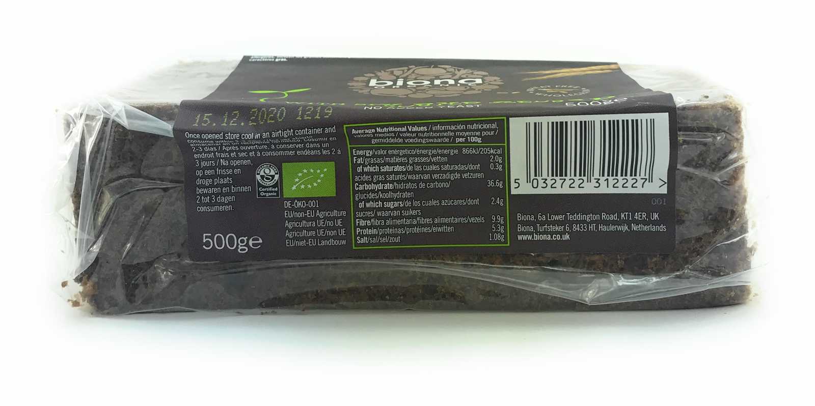 Pão de centeio orgânico Biona Vitality com sementes germinadas 500g
