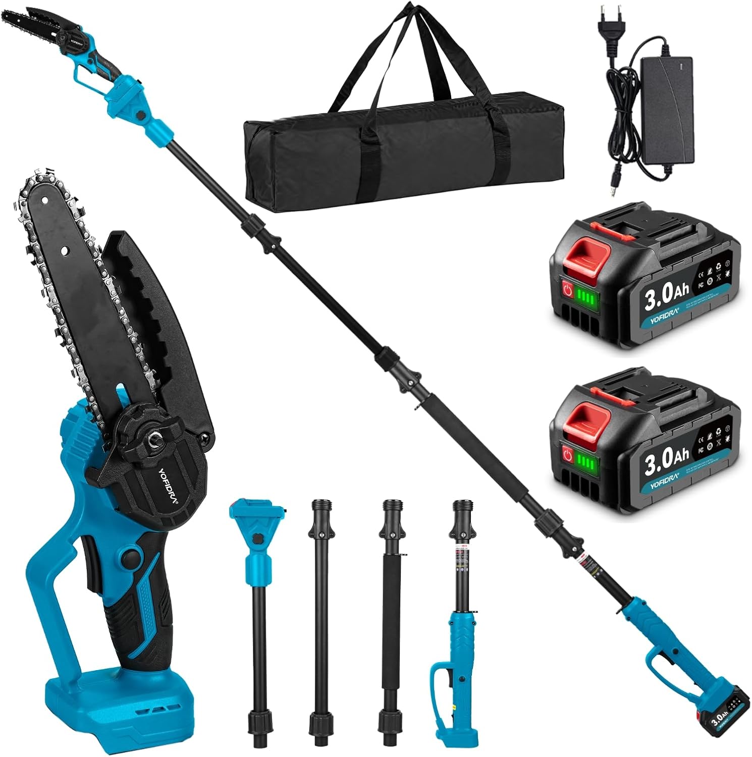 Yofidra 2 in 1 Akku Kettensäge & Mini Kettensäge, 6 Zoll Bürstenlose Elektrische Teleskop Astsäge mit 2 x 3000mAh Akkus, Abnehmbarer Verlängerungsstange bis zu 4,6M, zum Baumzweige & Astschneiden