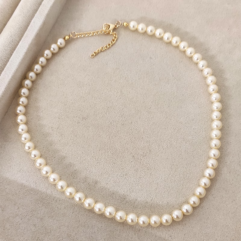 Collier - Laiton plaqué or & perles - Blanc