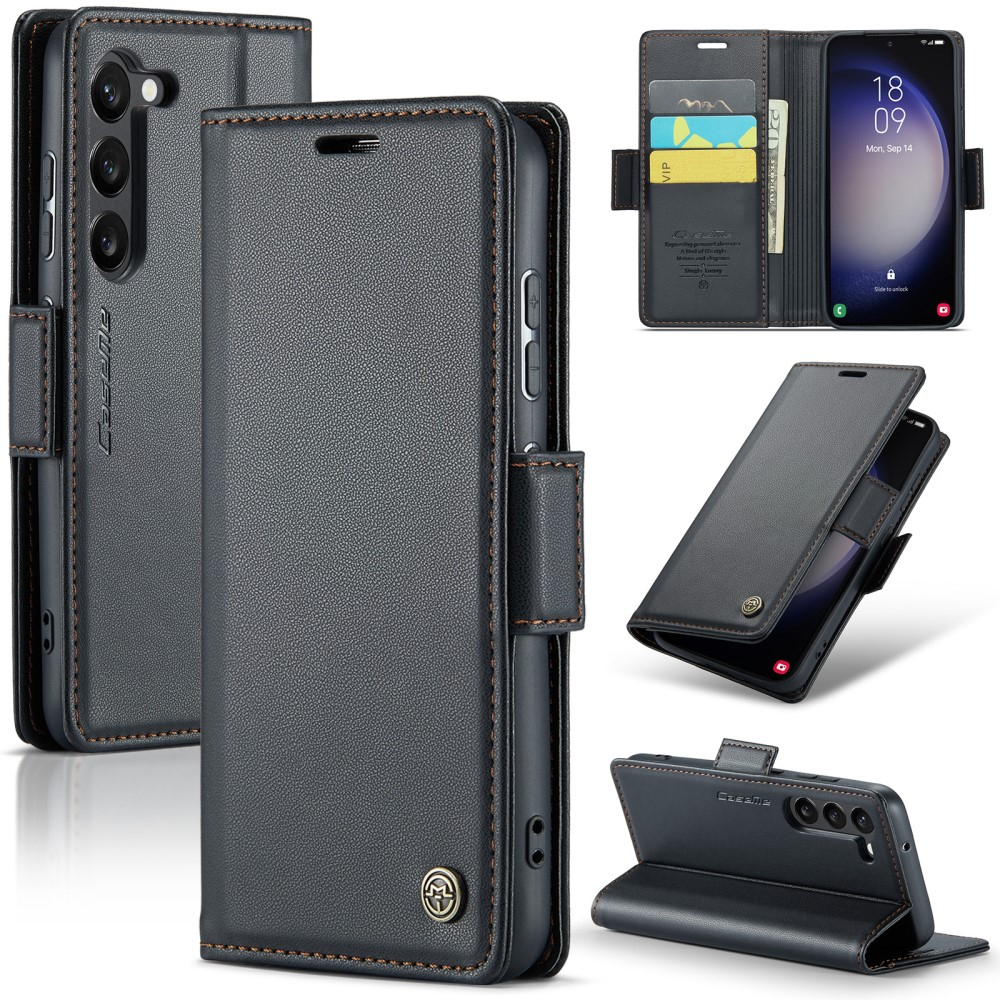 Samsung Galaxy S23 Leder Tasche Flip Wallet Etui mit Kartenfächern Litchi Look (RFID Schutz) - Schwarz
