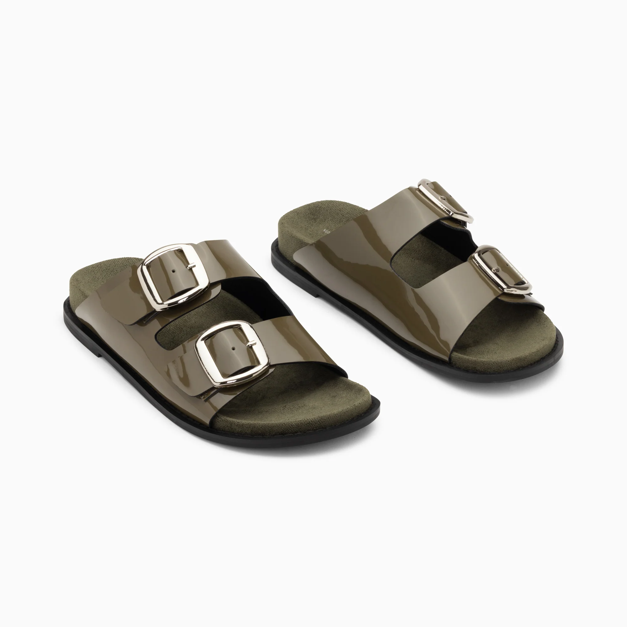 Sandales plates-Mules plates Célia kaki verni à boucles oversize