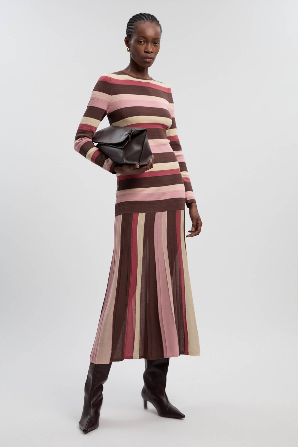 KarenMillen Robe Longue Tricotée à Rayures et Manches Longues