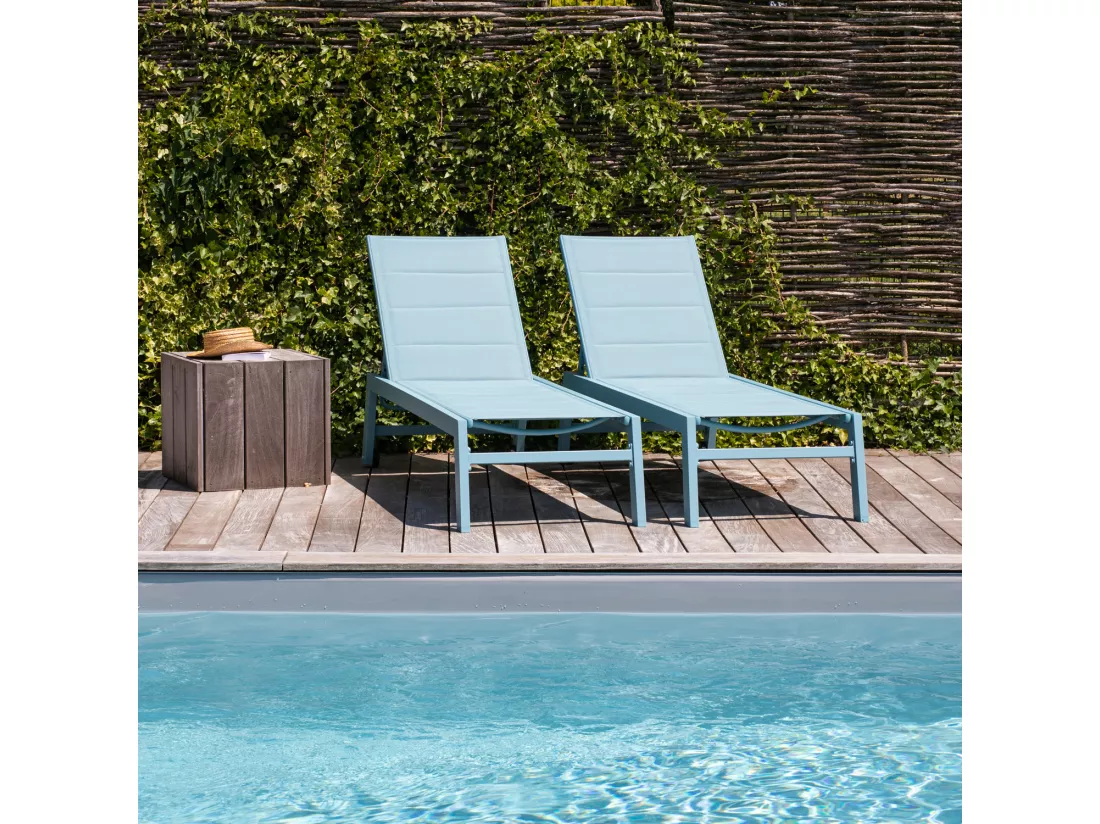 Lot de 2 bains de soleil BARBADOS en textilène bleu clair - aluminium bleu clair - HAPPY GARDEN
