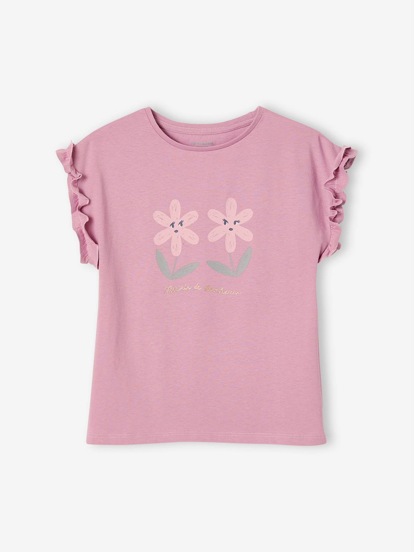 Camiseta infantil bege de manga curta com estampa iridescente e babados.