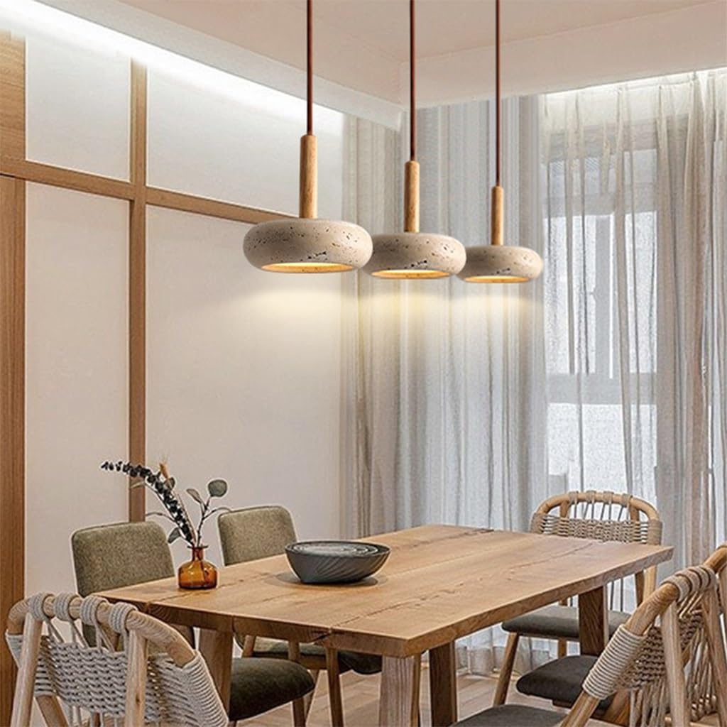 Wabi Sabi Pendelleuchte Gelbe Travertin Mit Rundem Naturstein Schirm Nordische Holz LED Hängelampe Verstellbare Schlinge Für Schlafzimmer Nachttischlampe Wohnzimmer Kücheninsel(Long)