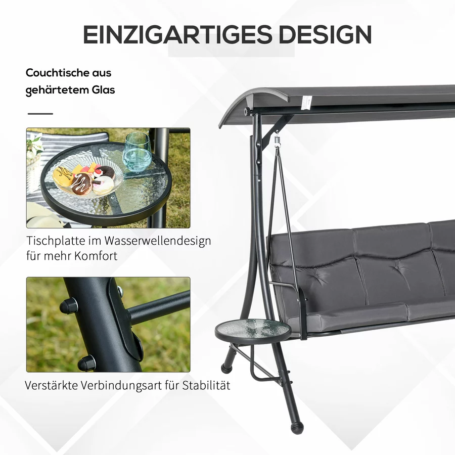 Outsunny 3-Sitzer Hollywoodschaukel mit verstellbarem Sonnendach grau, schwarz
