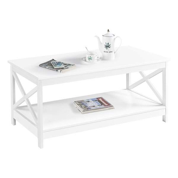 Yaheetech Couchtisch, Sofatisch 2 Etagen X-Form Beistelltisch Kaffeetisch für Wohnzimmer Balkon Flur, Weiß