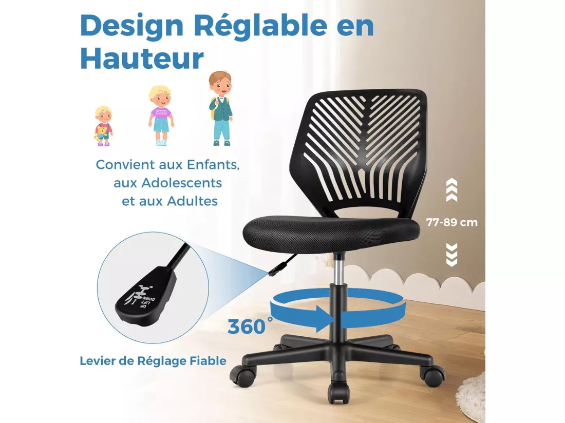 Chaise de Bureau Pivotante Enfants avec Hauteur Réglable 77-89cm, Siège à roulettes avec Dossier Ergonomique & Base à 5 Étoiles, Charge 150kg pour Enfant Adolescent Adulte(Noir)