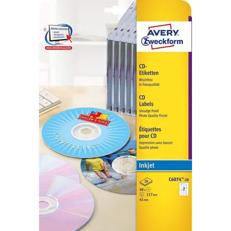 Avery Zweckform C6074-20 CD-Etiketten ClassicSize,A4 Ø 117 mm, 20 Bogen/40 Etiketten, weiß