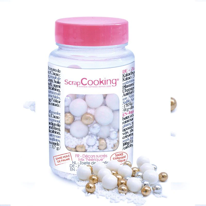 Pot de perles en sucre 80 g, doré, argent et blanc Scrapcooking