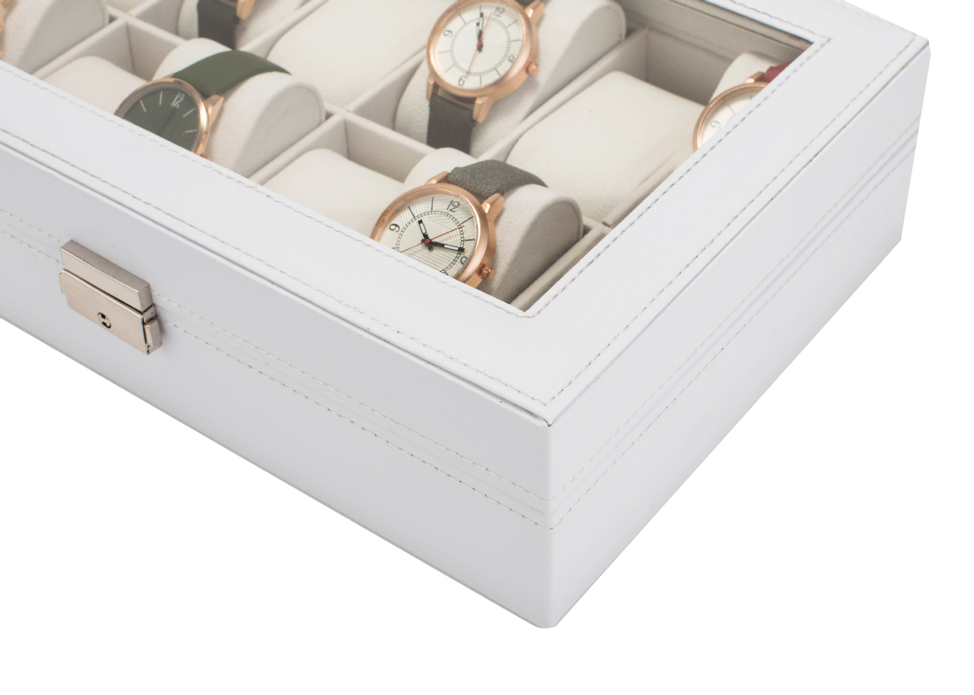 (12 Slots) Uhrenbox Schmuckschatulle Organizer mit Glasdeckel - Weiss