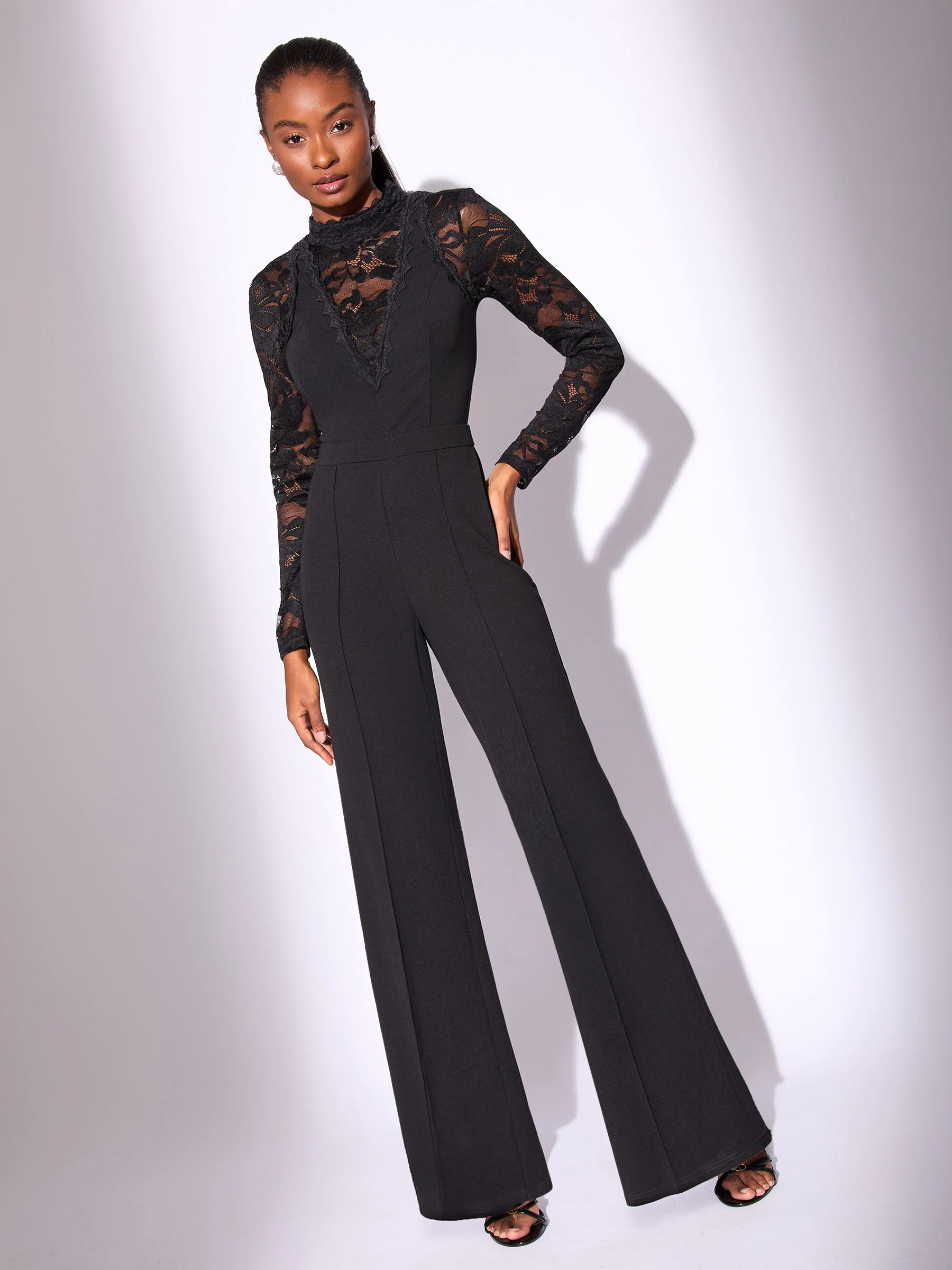 Lipsy Long Sleeve Lace High Neck Jumpsuit