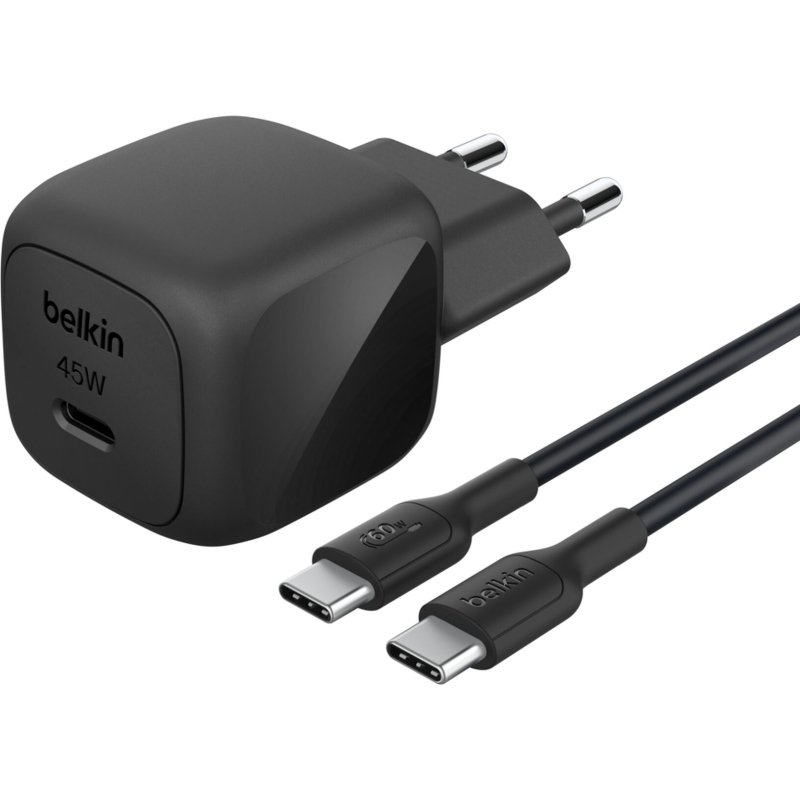 Chargeur pour téléphone mobile Belkin secteur USB-C 45W, avec câble d'un mètre USB-C vers USB-C inclus, noir.
