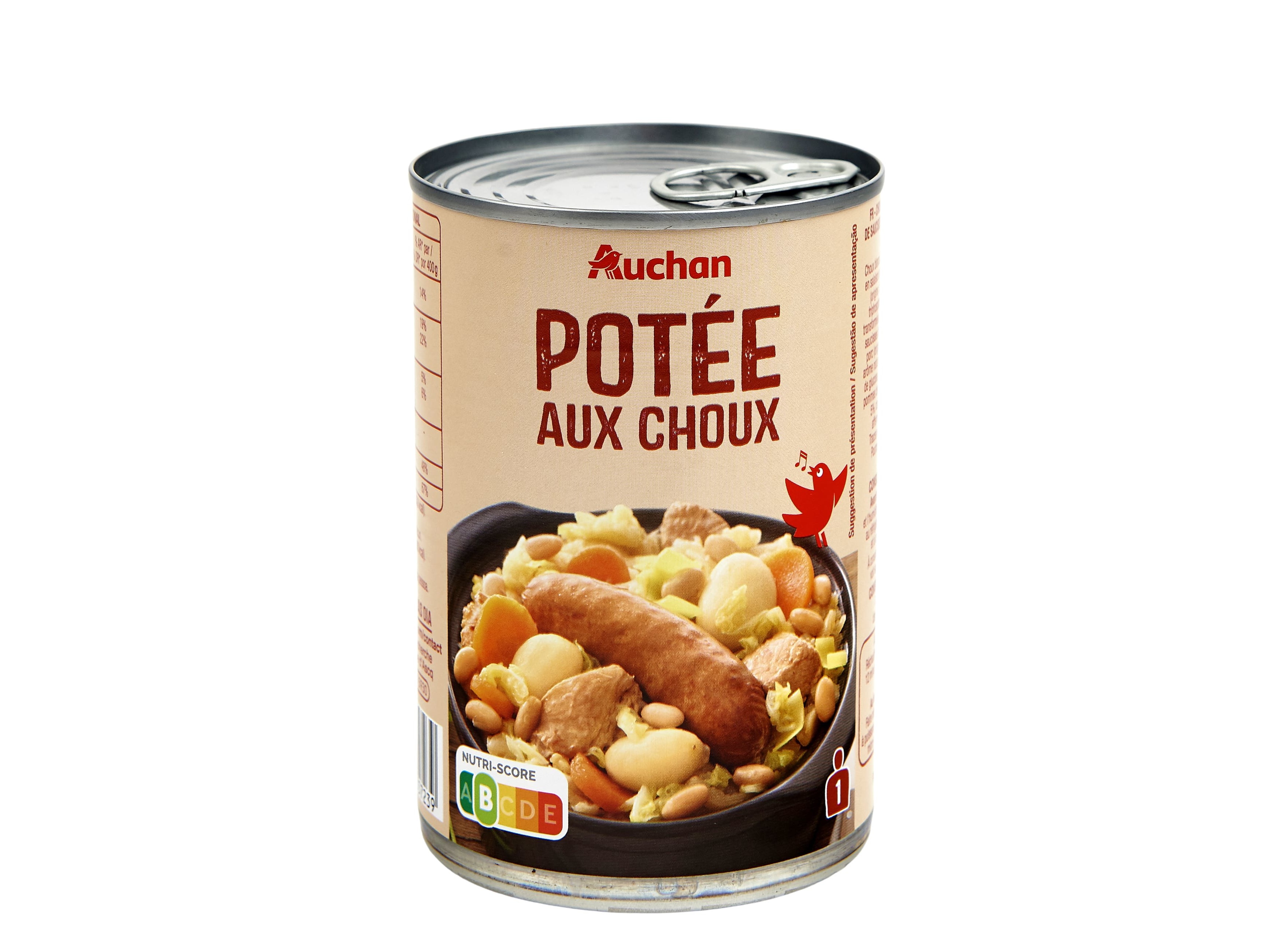 COUVE AUCHAN COM LEGUMES SALSICHA FUMADA E CARNE DE SUÍNO EM LATA 400G
