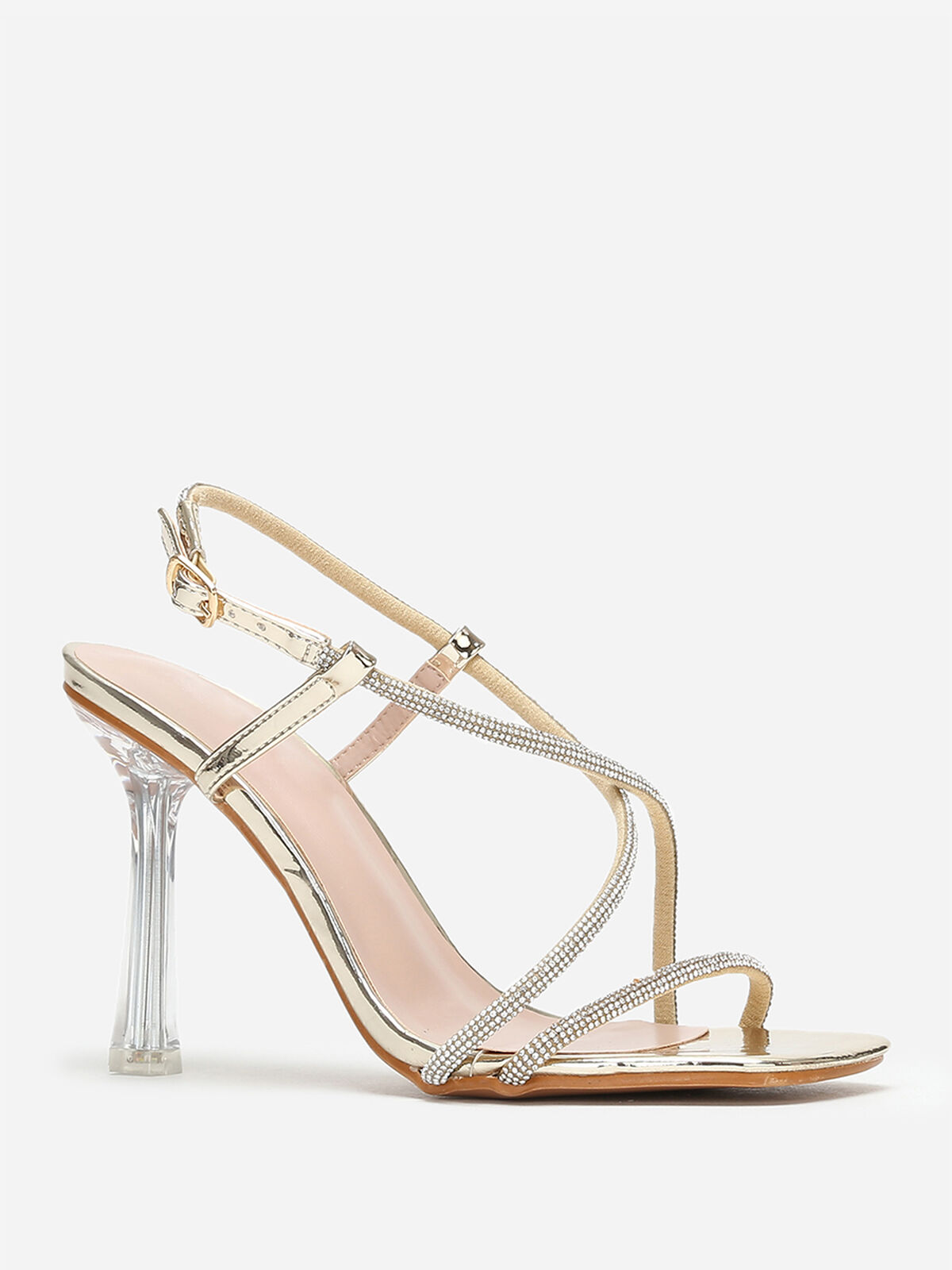 Sandales à talon transparent et strass- Doré