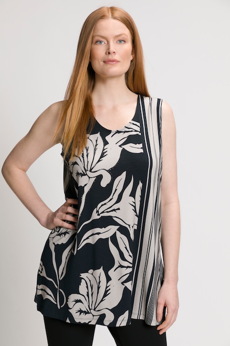 Longtop, Blüten-Design, Streifen, Rundhals, ärmellos