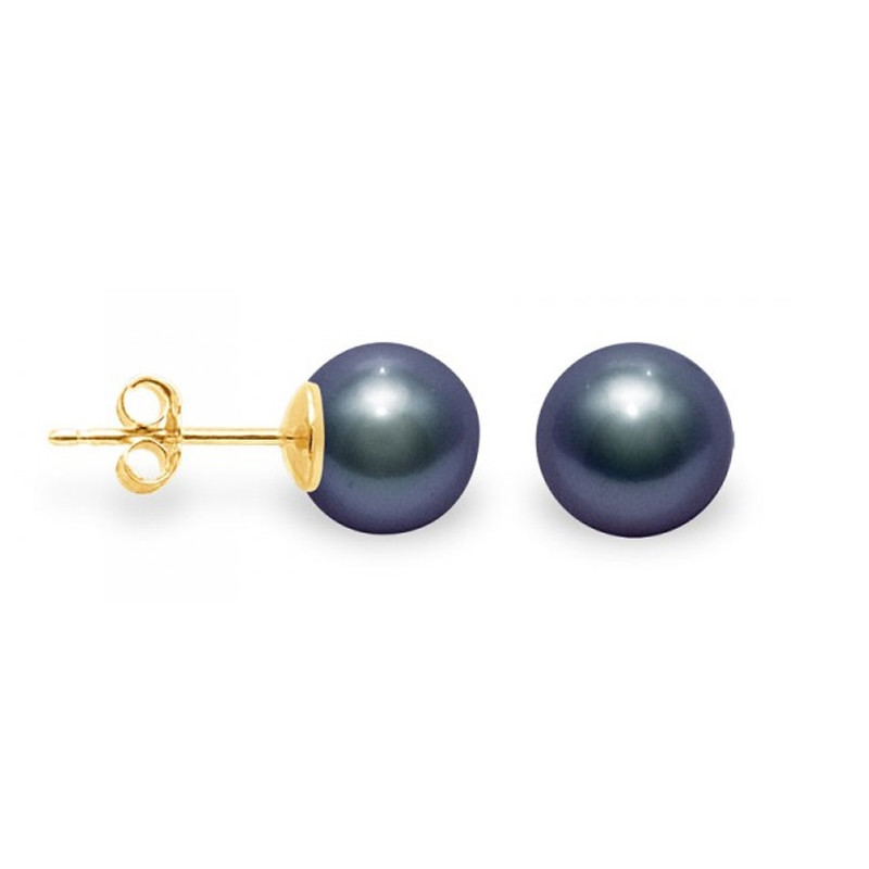 Boucles d'Oreilles Puces Femme Perle de Culture d'eau douce Noire et or jaune 375/1000