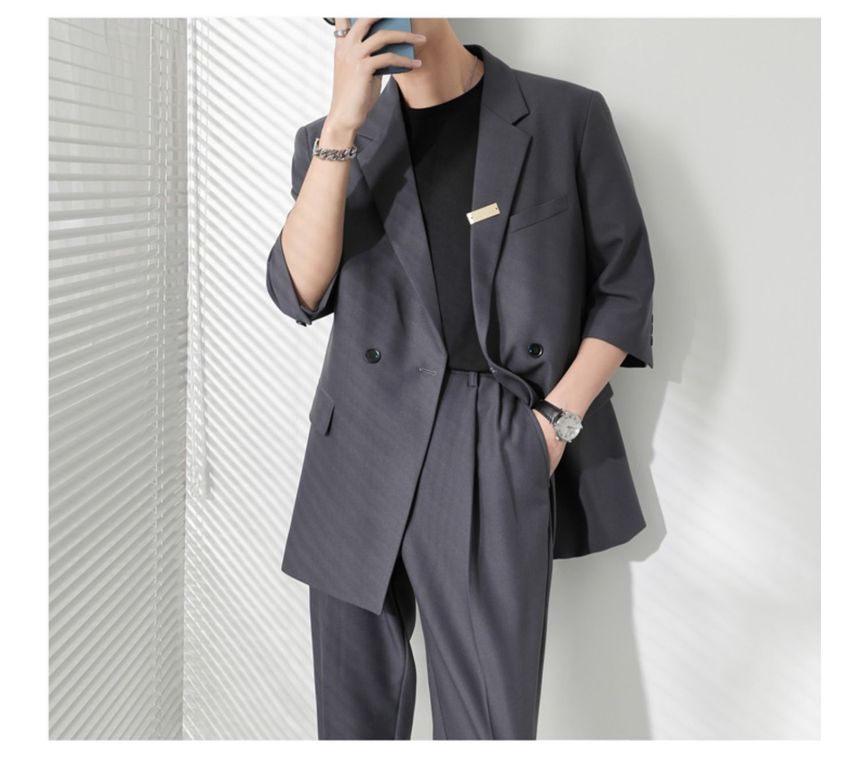 Naideth - Set: Reverskraag Effen Dubbelrijs Blazer + Middelhoge Rechte Broek