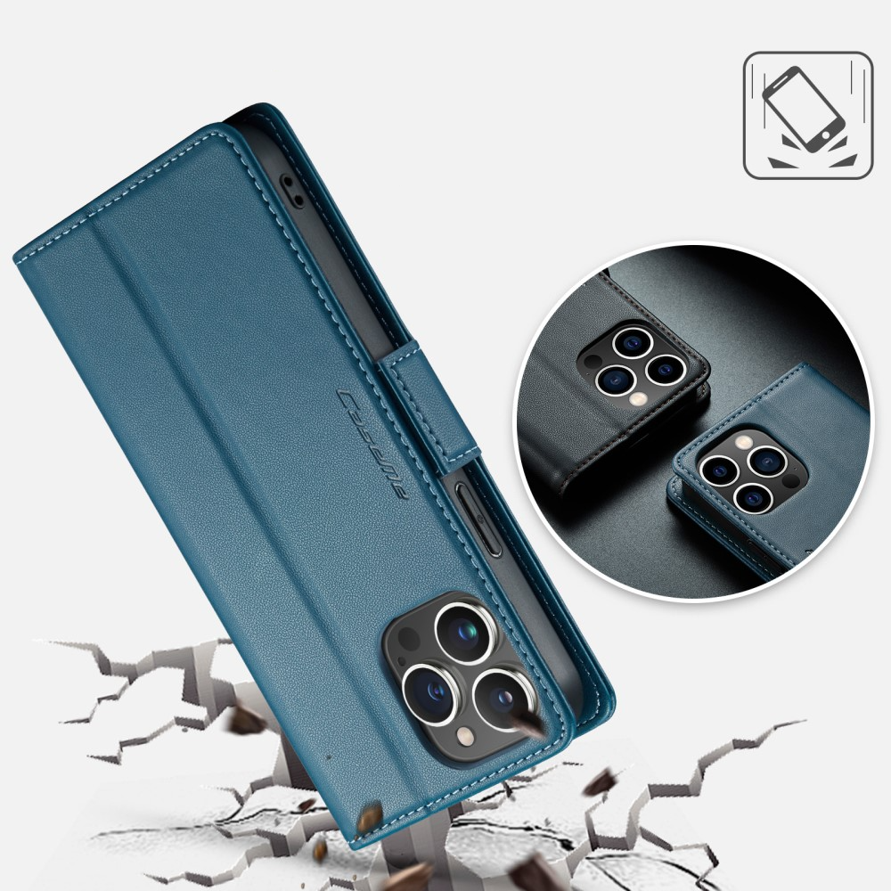 iPhone 16 Pro Max Leder Tasche Flip Wallet Etui mit Kartenfächern Litchi Look (RFID Schutz) - Blaugrün