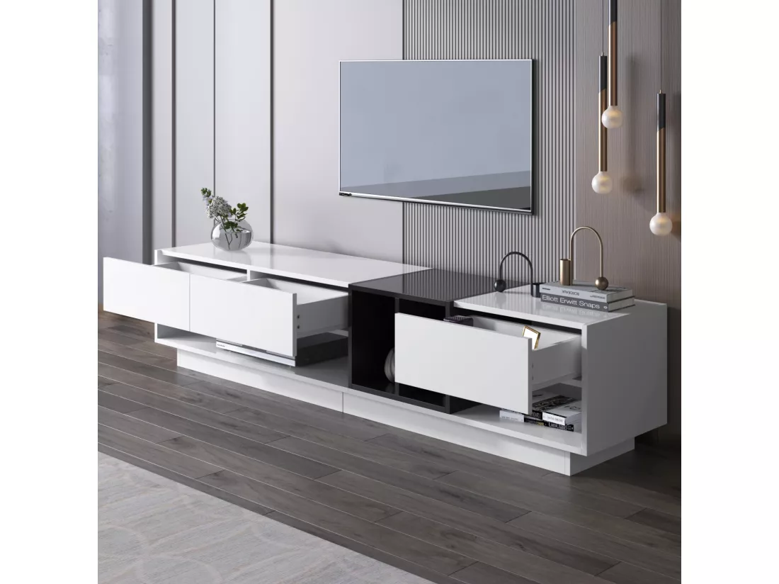 Meuble TV avec 3 tiroirs et 4 niche - Blanc et Noir - Panneaux de particules - 190x34x40cm